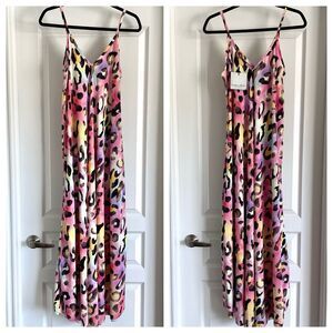 Angela Mara Viscose Leopard Print StrappyV-neck Multicolor Cami Maxi Dress M